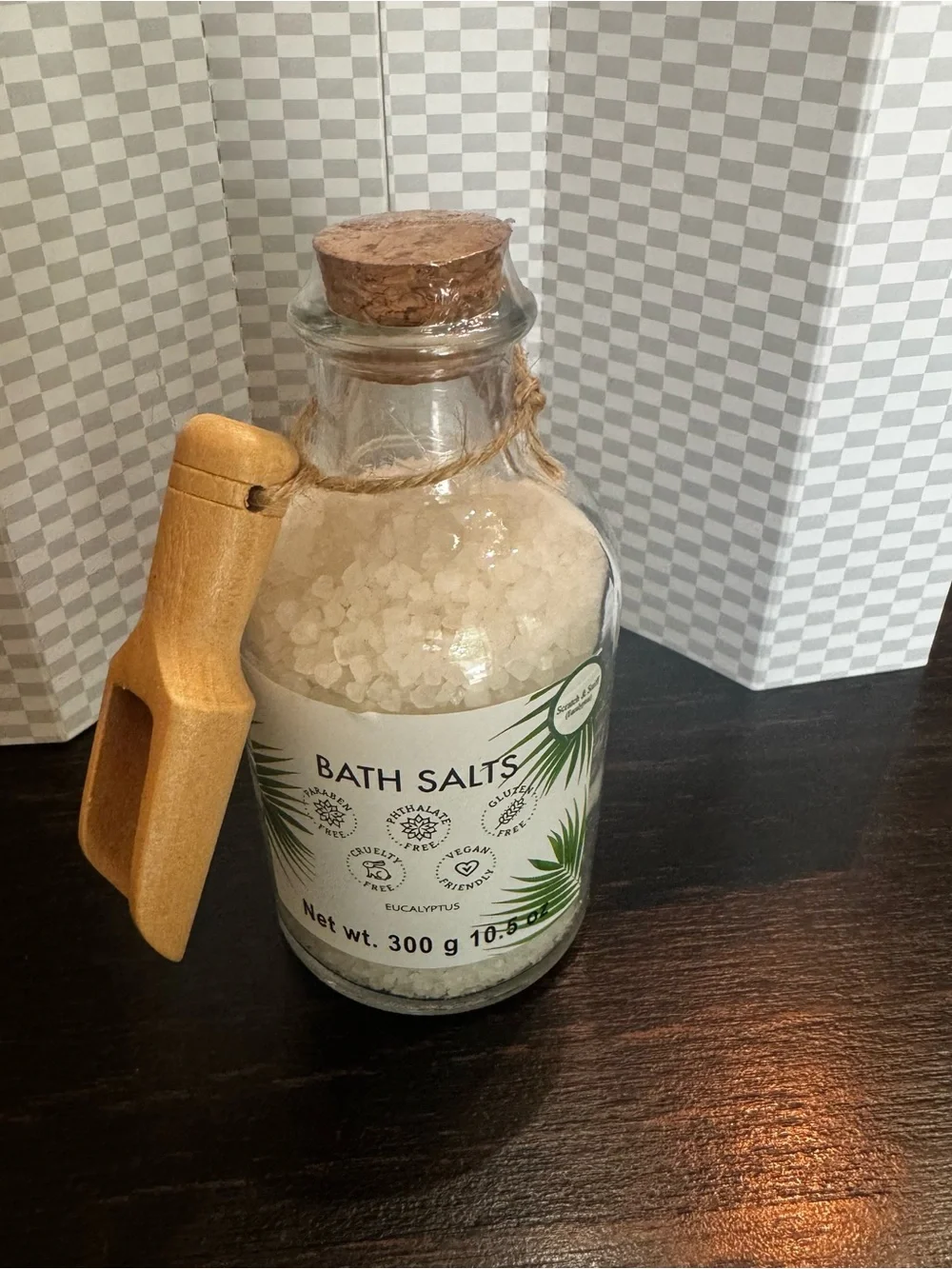 New! Eucalyptus Bath Salts glass apothecary-style jar cork stopper wooden scoop